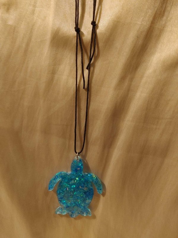 Turtle Blue Blue Holographic Flakes Adjustable Black Cord Necklace - Image 2