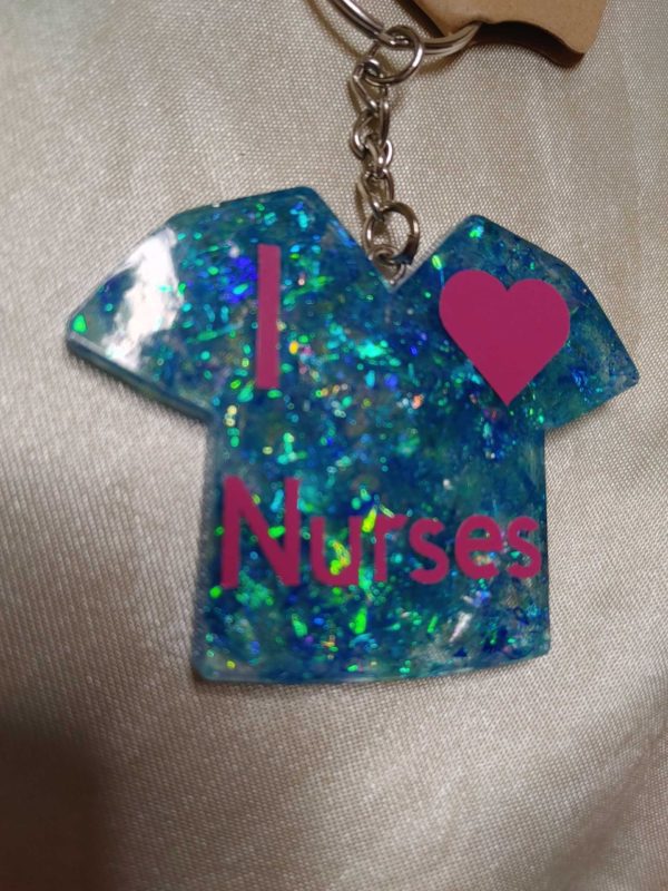 Scrubs 'I ♥ Nurses' Blue Holographic Flakes Keychain