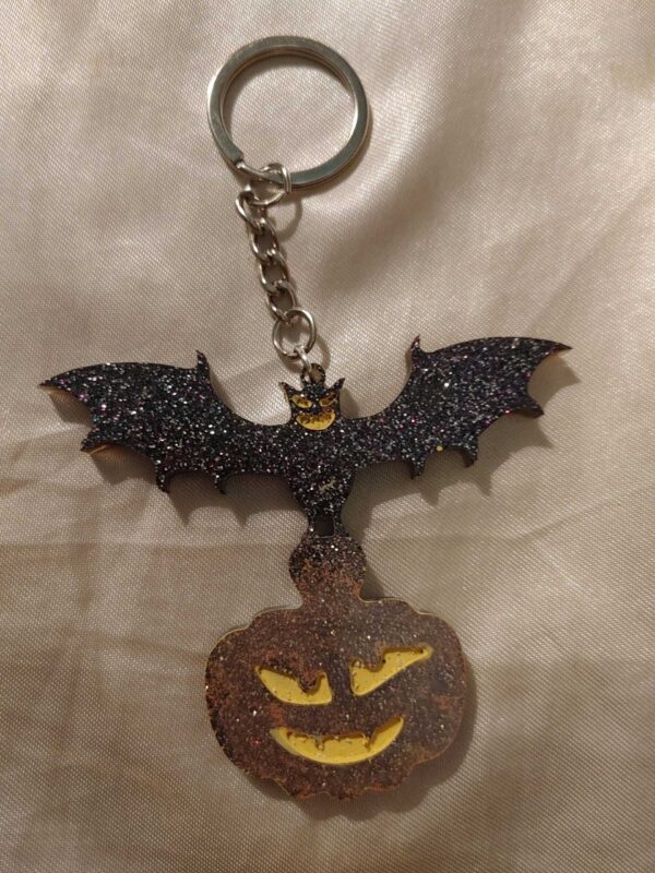 Bat & Jack-o-Lantern Orange/Black Silver/Purple Glitter Keychain