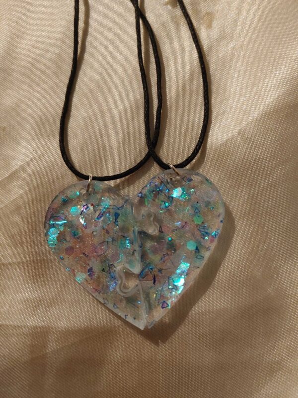 Heart Friendship (Pair) Blue Holographic Glitter Adjustable Black Cord Necklace