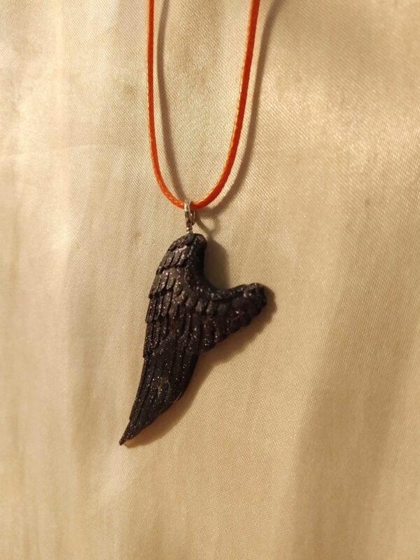 Wing (Left) Black Silver Glitter Orange Cord Necklace Style 2