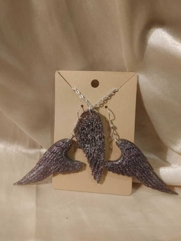 Wings Black Purple/Silver Glitter Necklace/Earrings Set Style 1
