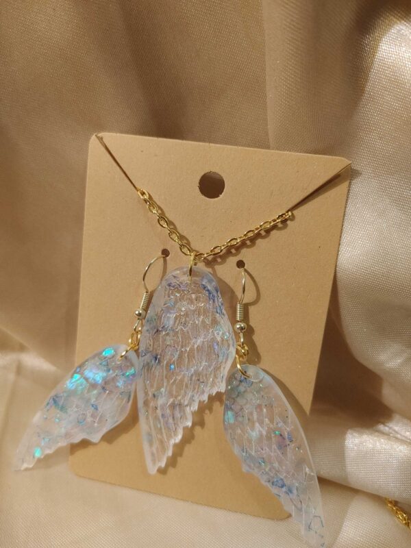 Wings Clear Blue Glitter Necklace/Earrings Set