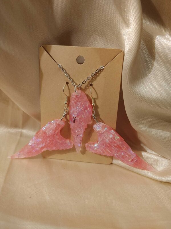 Wings Clear Pink Glitter Necklace/Earrings Set