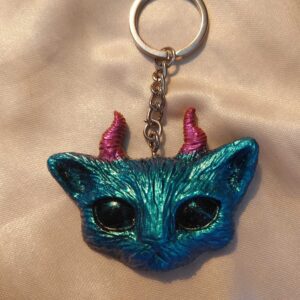 Horned Space Eyed Cat Blue/Magenta Keychain