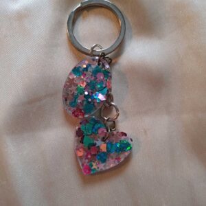 Heart/Oval Pink/Teal Glitter Keychain