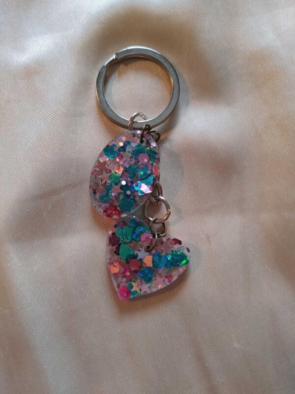 Heart/Oval Pink/Teal Glitter Keychain