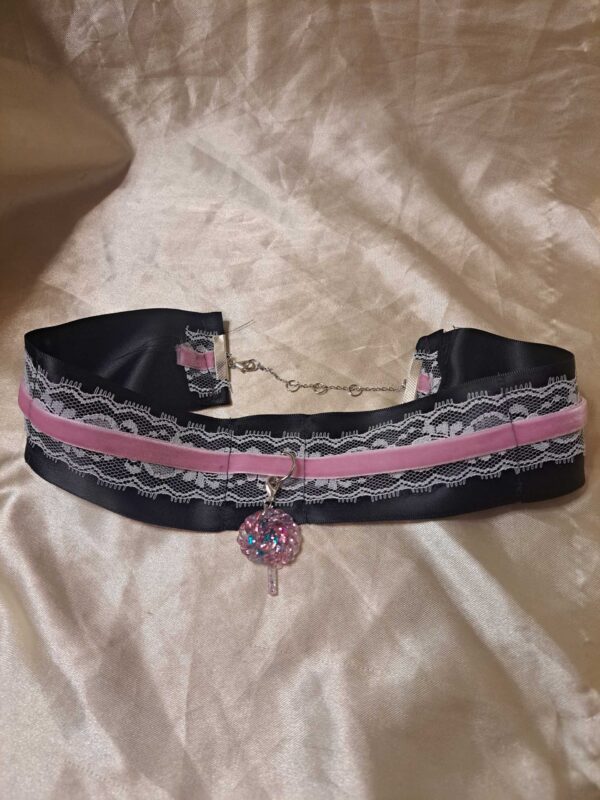 Black Ribbon/Pink Velvet Ribbon White Lace Candy Sucker Charm Choker