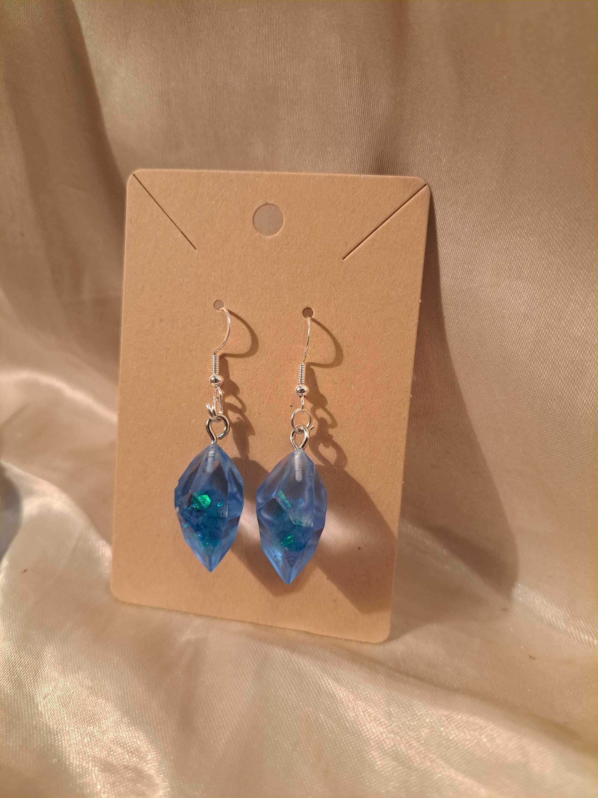 Crystal Blue Blue Holographic Chunks/Flakes Silver Tone Posts Drop Earrings