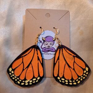 Monarch Butterfly Half Wings Black/Yellow/Orange Gold Tone Posts Drop Earrings