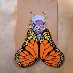 Monarch Butterfly Wings Black/Yellow/Orange Gold Tone Posts Drop Earrings