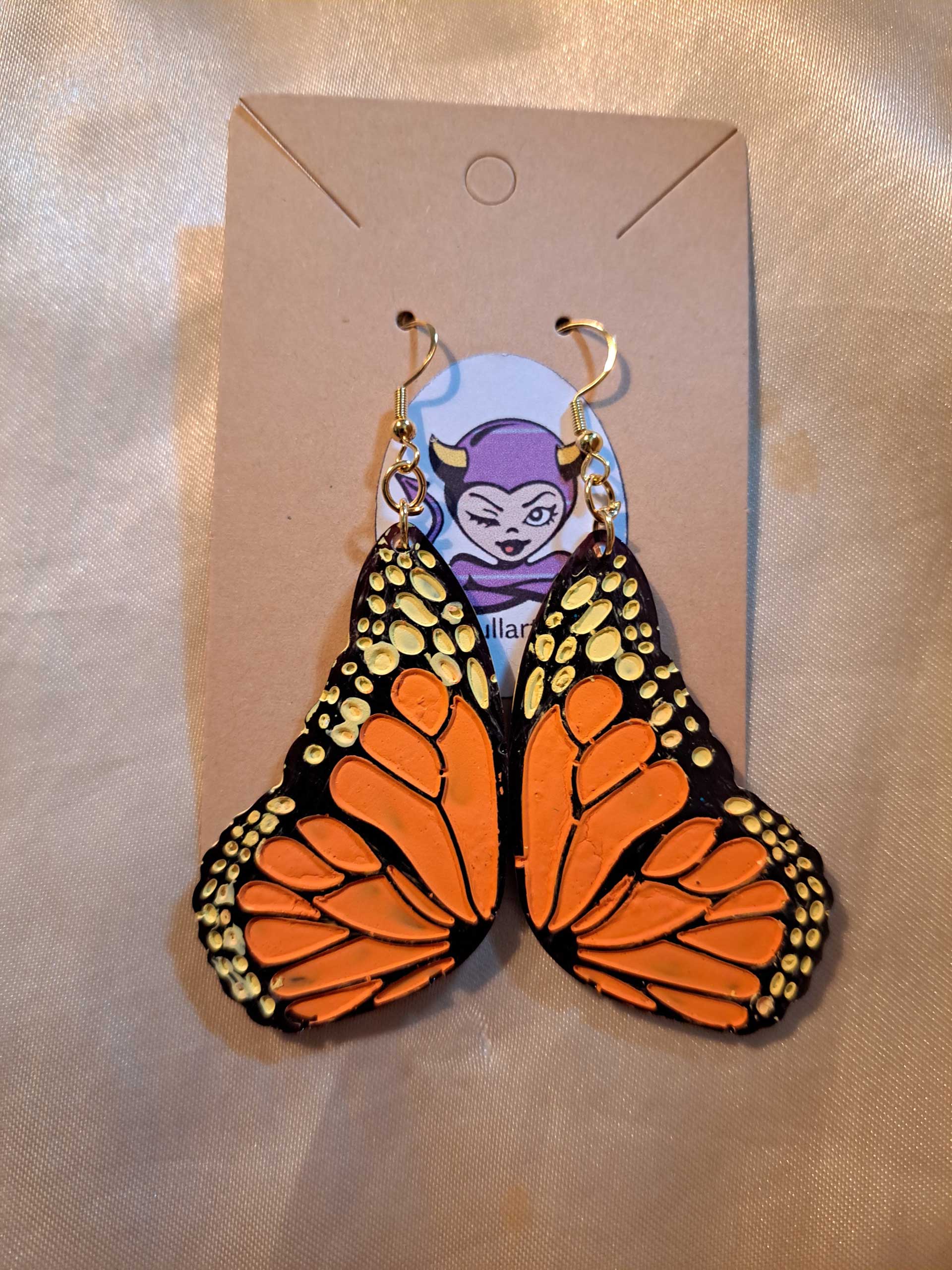 Monarch Butterfly Wings Black/Yellow/Orange Gold Tone Posts Drop Earrings