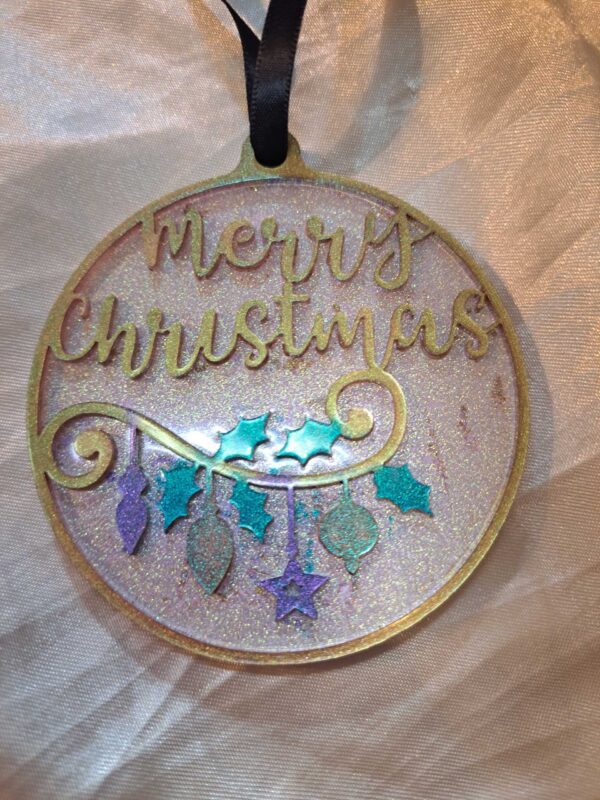 Round Merry Christmas Gold/Olive Colour Shift Blue/Teal Hanging Ornament