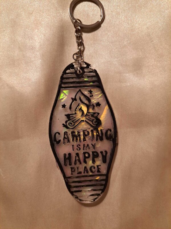 "Camping Is My Happy Place" Holographic Ribbon Black Accents Keychain