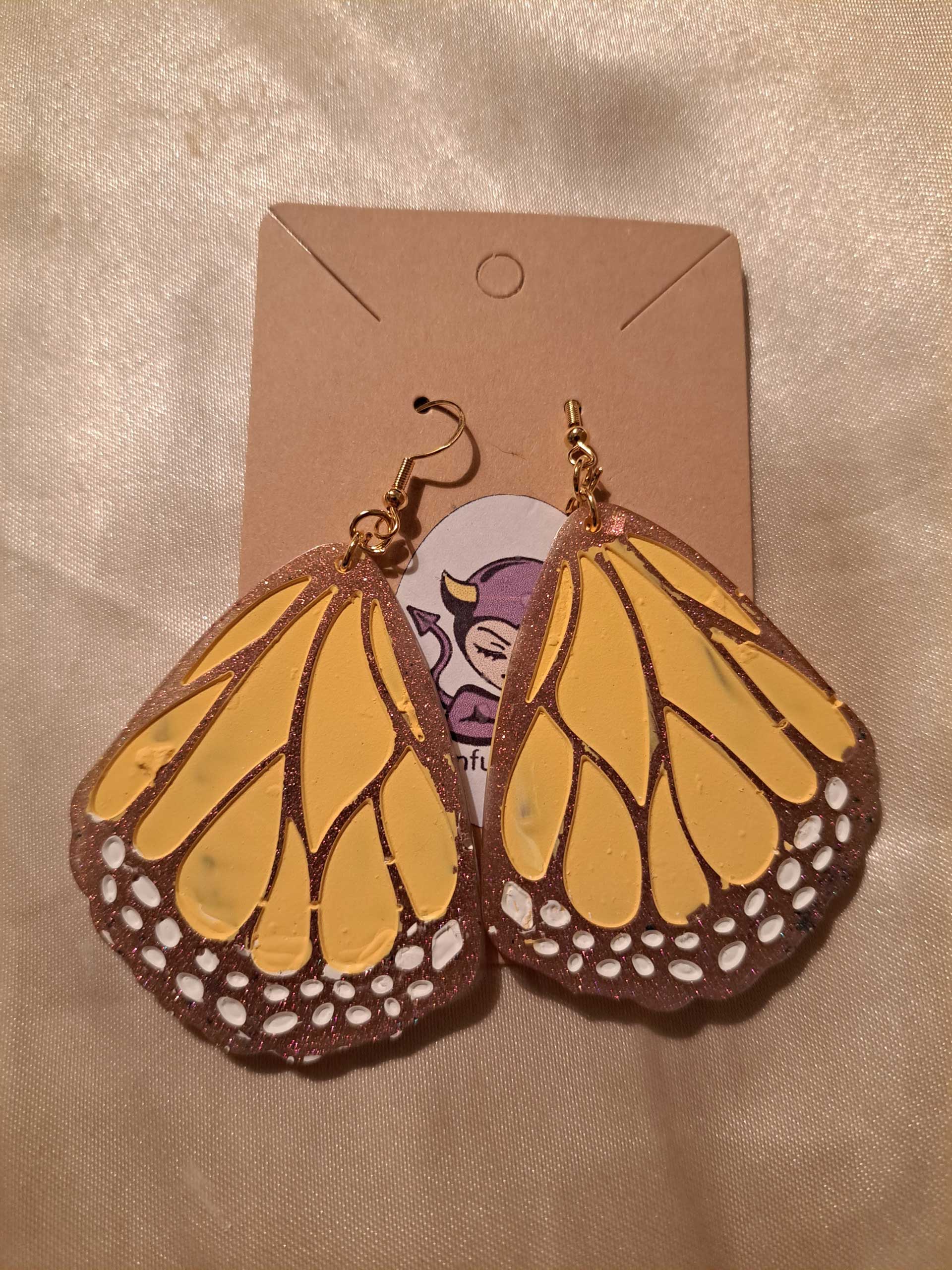 Monarch Butterfly Wings White/Yellow/Gold Gold Tone Posts Drop Earrings