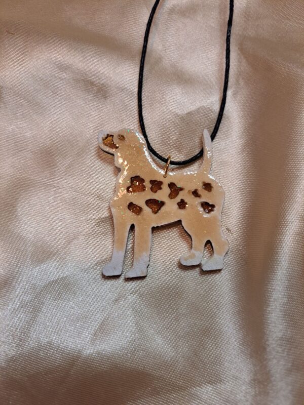 Wood Dog Left Facing UV Brown/White Stained Glass Effect Black Cord Necklace