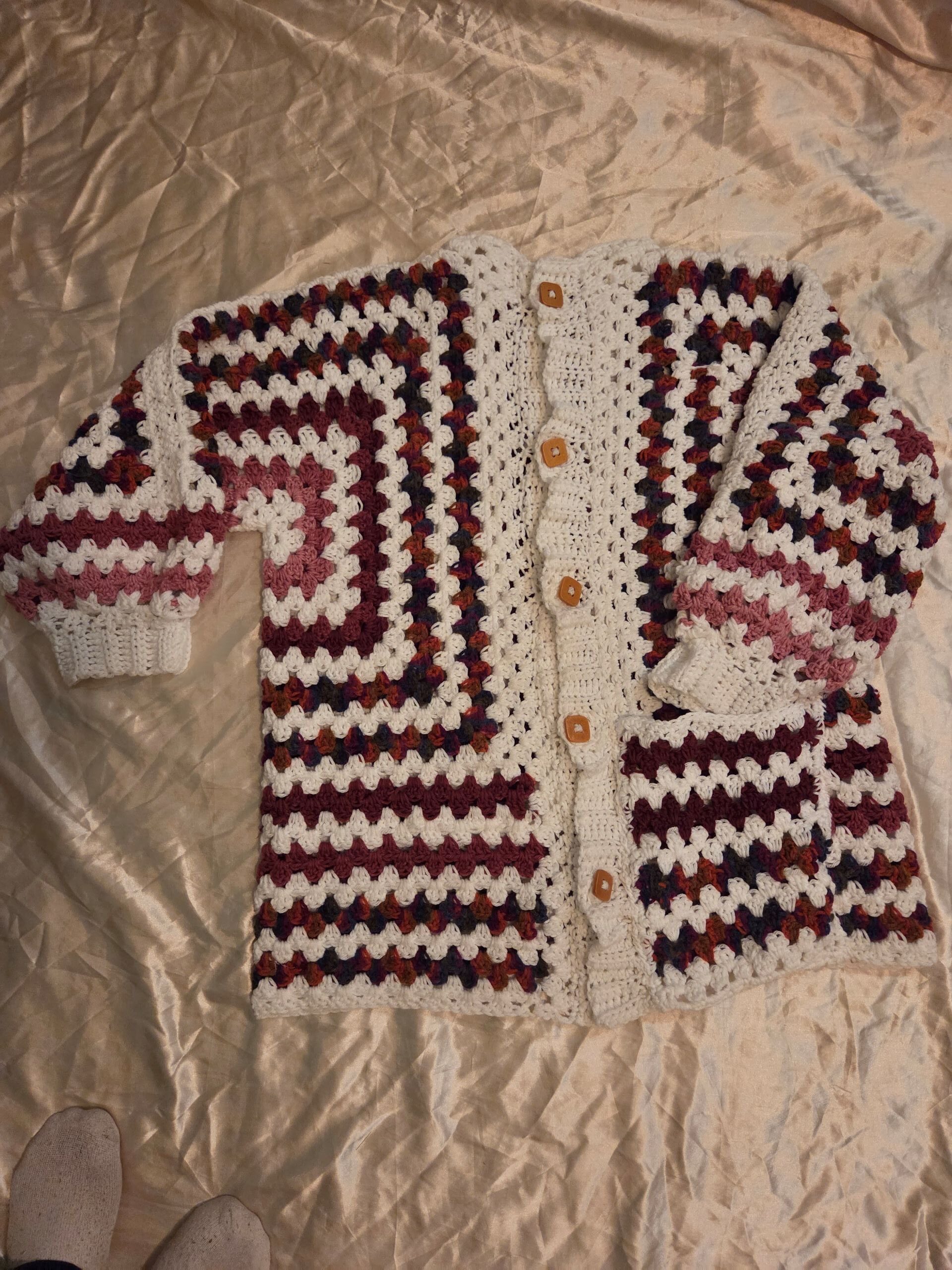 Granny Square Hip Length Long Sleeve Crochet Cardigan