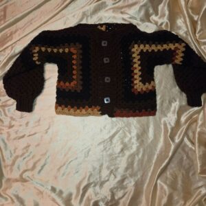 Granny Hexagon Black/Brown/Latte Cropped Long Sleeve Crochet Adult Cardigan