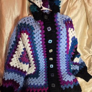 Hooded Granny Square Hip Length Long Sleeve Oversized Cardigan