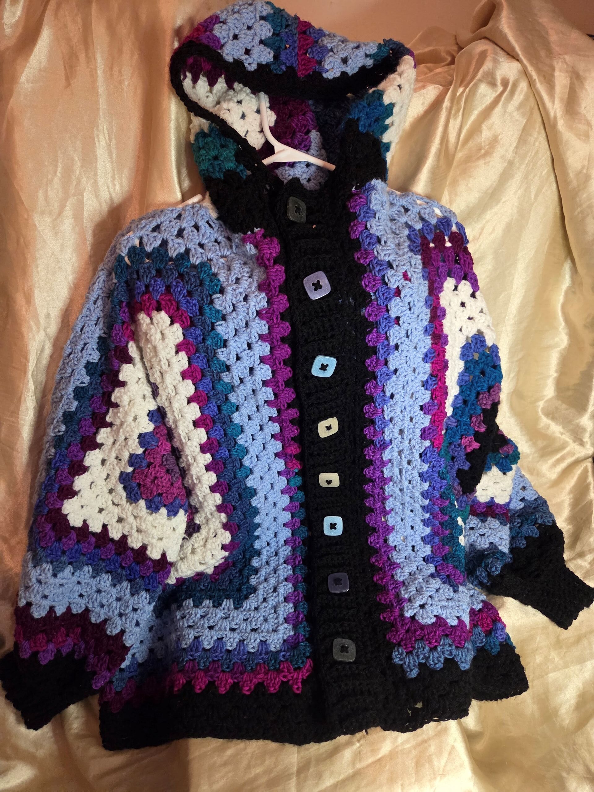 Hooded Granny Square Hip Length Long Sleeve Oversized Cardigan