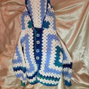 Hooded Granny Square White/Light Blue/Dark Blue Hip Length Long Sleeve Cardigan
